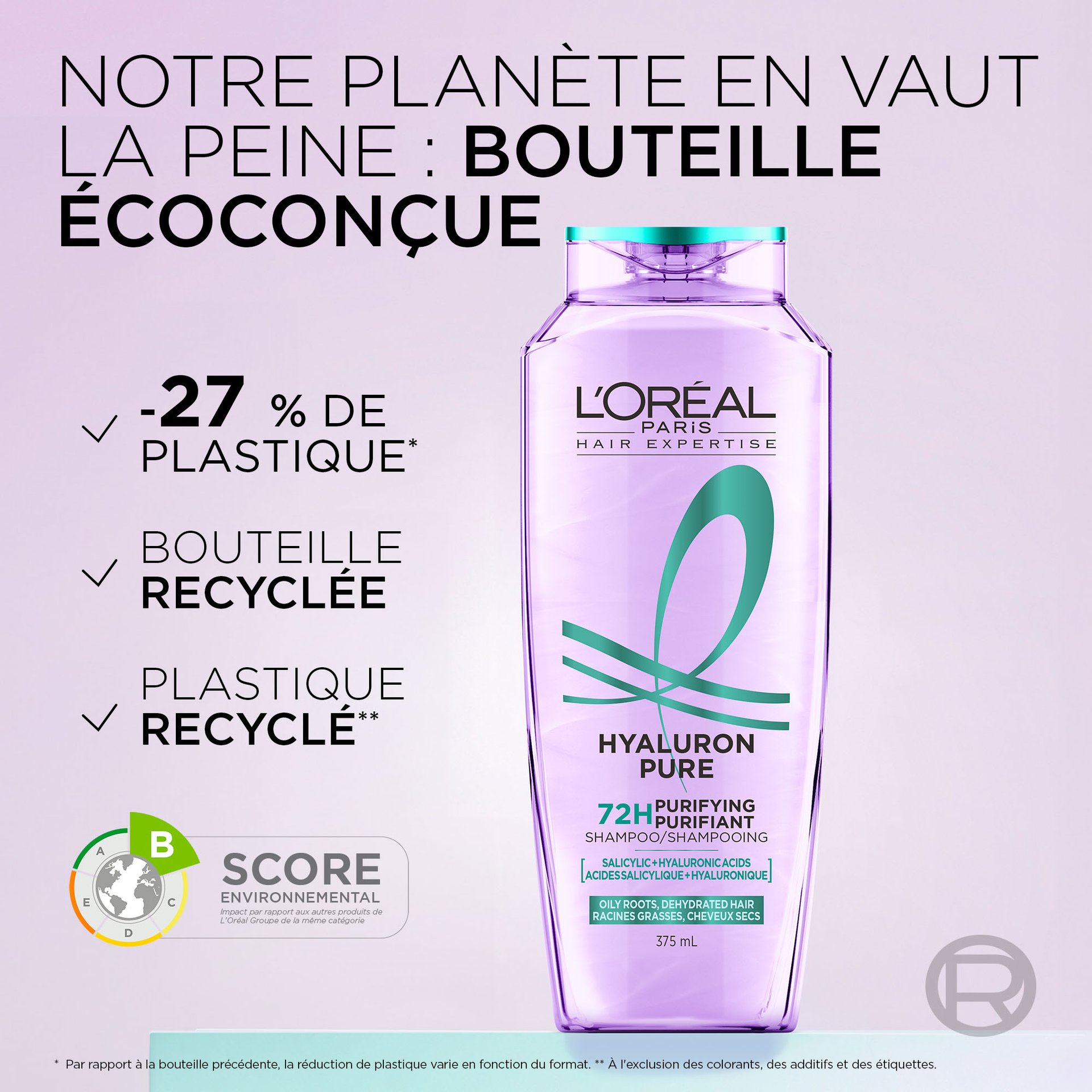 La nouvelle bouteille de shampoing hyaluron pure est faite avec moins de 27% de plastique et recyclé